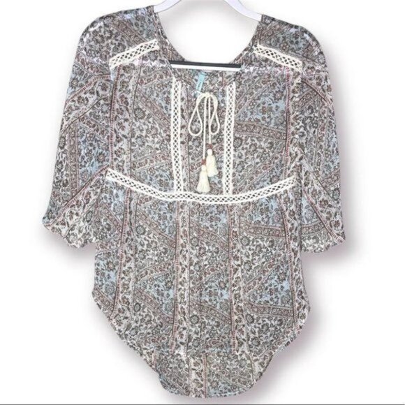 Maurices M White Pastel Ditzy Floral Sheer Boho Lightweight Flowy Peasant Blouse - Picture 1 of 12